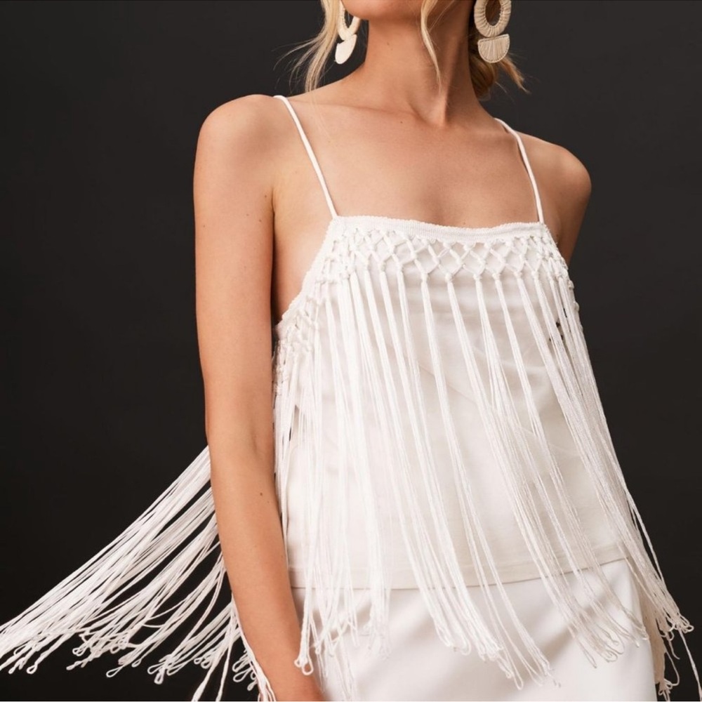 Anthropologie White Fringe Top